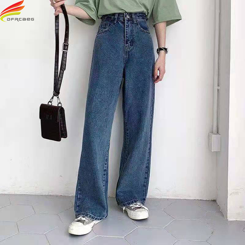 DFRCAEG 2022 Casual High Waist Loose Women Denim Jeans Korean Style Streetwear Long Wide Leg Jeans Pants Female Trousers Capris